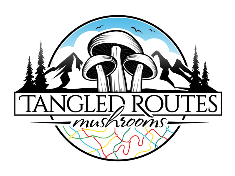Tangled Routes Mushrooms logo design by DreamLogoDesign
