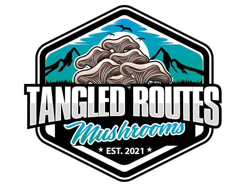 Tangled Routes Mushrooms logo design by DreamLogoDesign