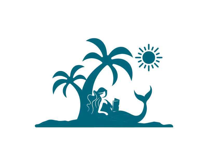 mermaid relaxing, reading by a palm tree in the sun logo design by berkah271