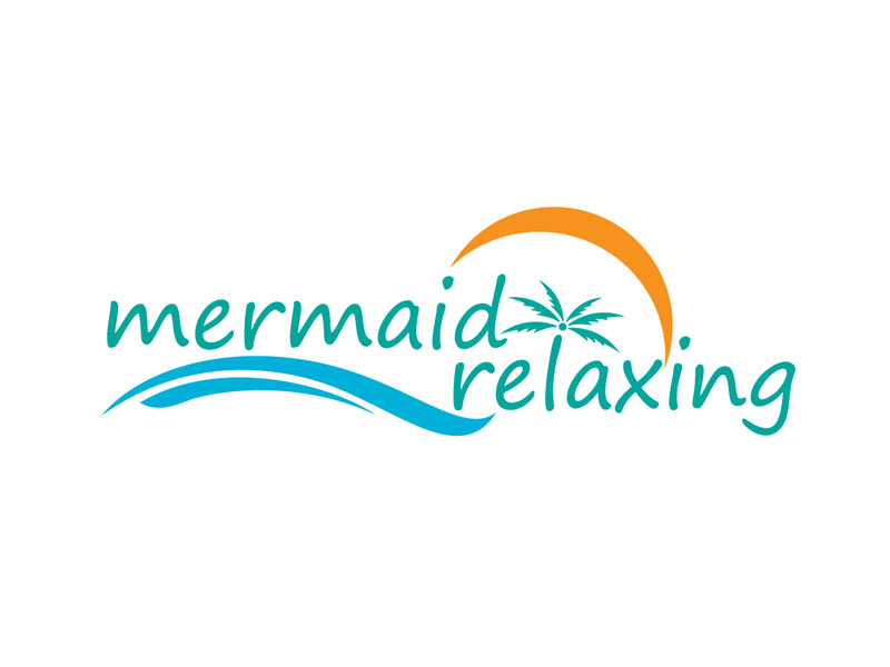mermaid relaxing, reading by a palm tree in the sun logo design by peacock