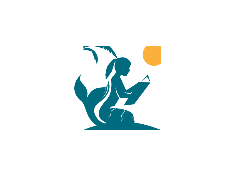 mermaid relaxing, reading by a palm tree in the sun logo design by maya
