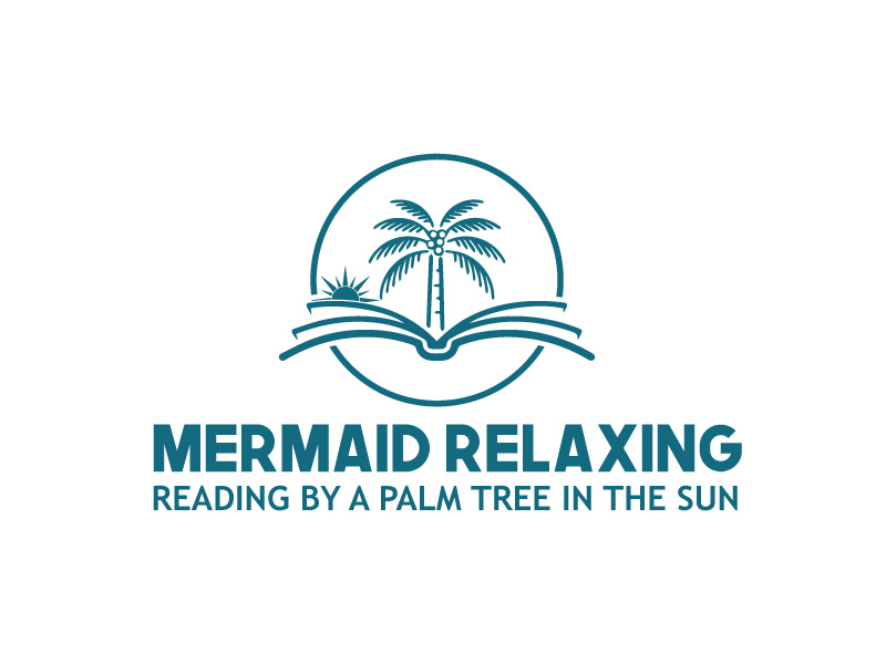 mermaid relaxing, reading by a palm tree in the sun logo design by Euto