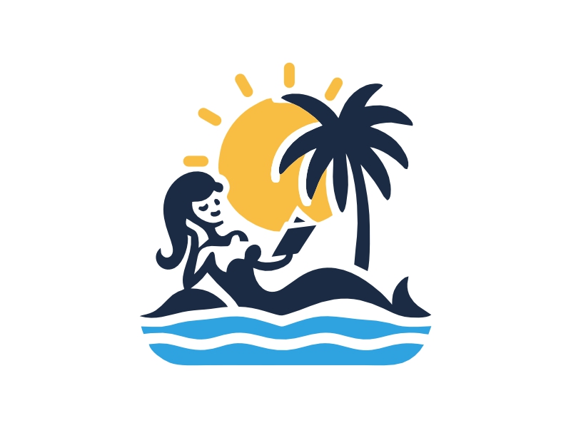 mermaid relaxing, reading by a palm tree in the sun logo design by fastIokay