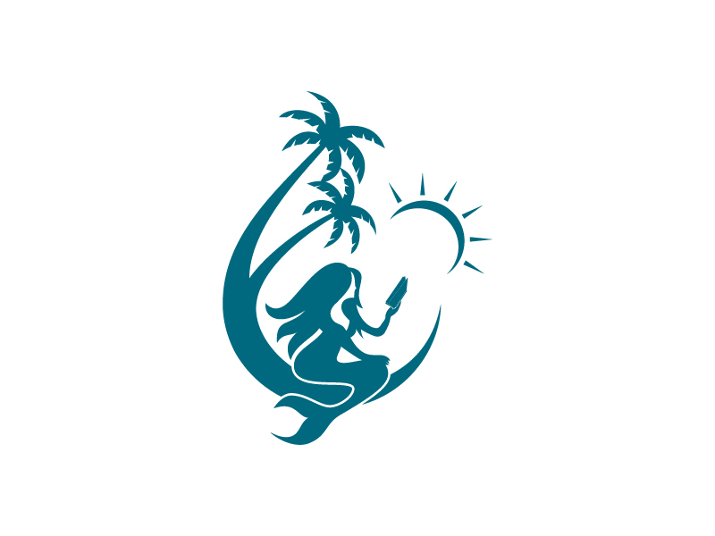 mermaid relaxing, reading by a palm tree in the sun logo design by okta rara