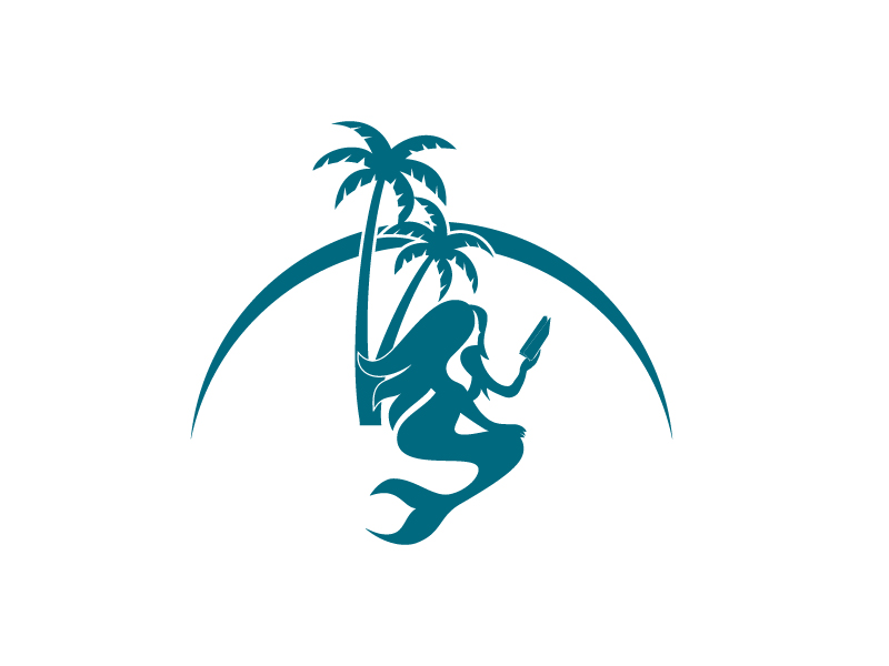 mermaid relaxing, reading by a palm tree in the sun logo design by okta rara
