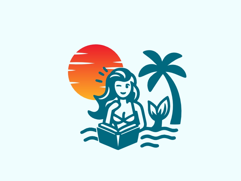mermaid relaxing, reading by a palm tree in the sun