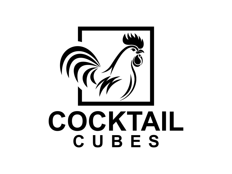 Rooster, Tail, 3 Dimensional Cube - Play on the words Cocktail Cubes logo design by Yulioart