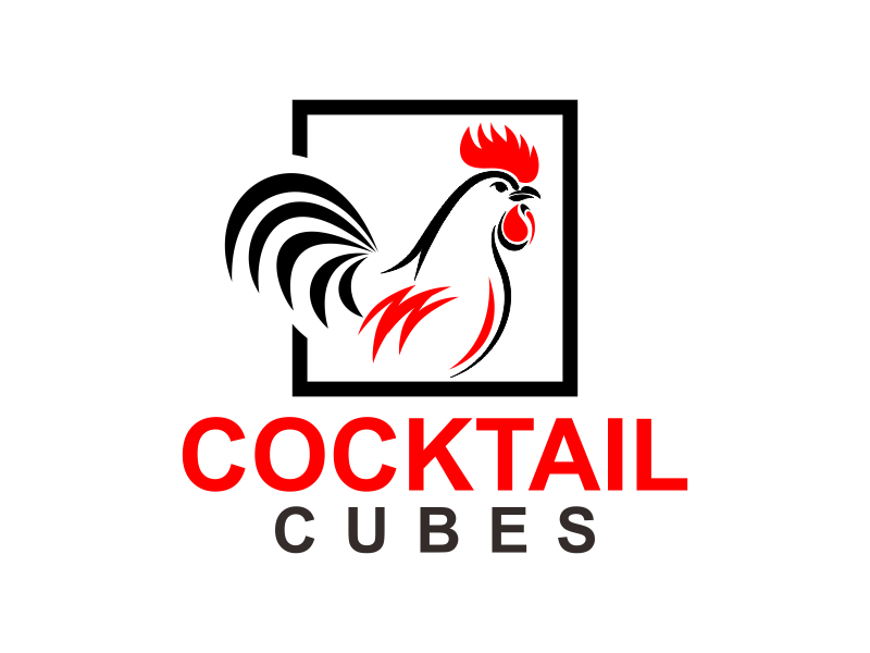 Rooster, Tail, 3 Dimensional Cube - Play on the words Cocktail Cubes logo design by Yulioart