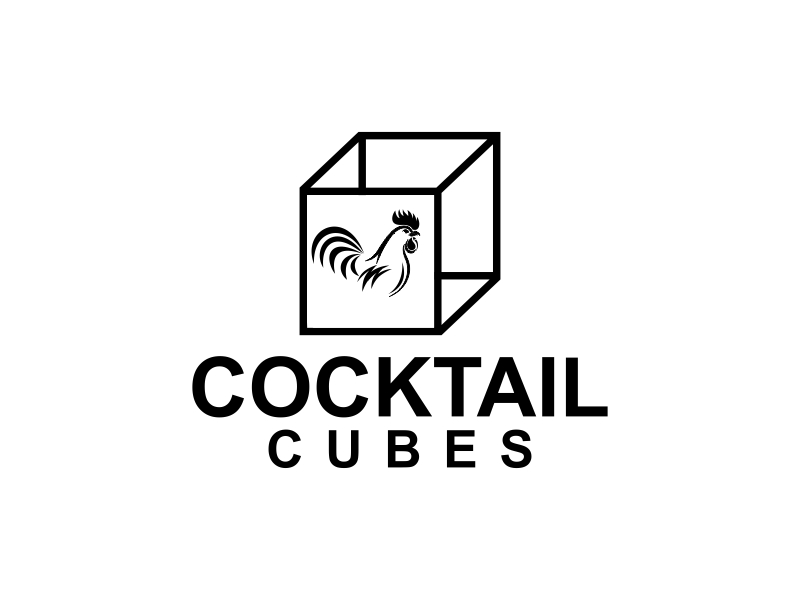 Rooster, Tail, 3 Dimensional Cube - Play on the words Cocktail Cubes logo design by Yulioart