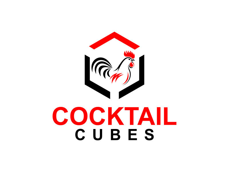 Rooster, Tail, 3 Dimensional Cube - Play on the words Cocktail Cubes logo design by Yulioart