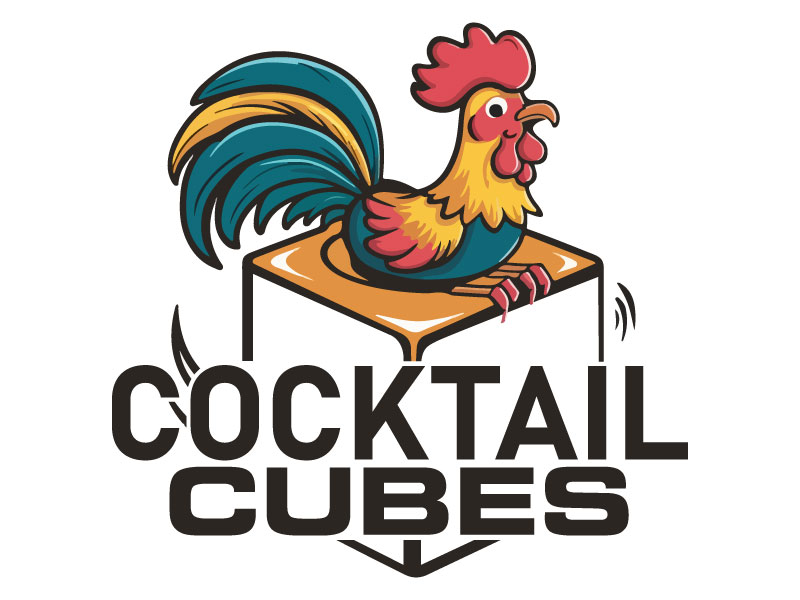 Rooster, Tail, 3 Dimensional Cube - Play on the words Cocktail Cubes logo design by Crushboysourav