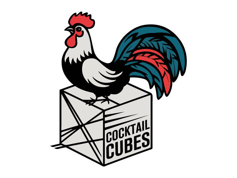 Rooster, Tail, 3 Dimensional Cube - Play on the words Cocktail Cubes logo design by Crushboysourav