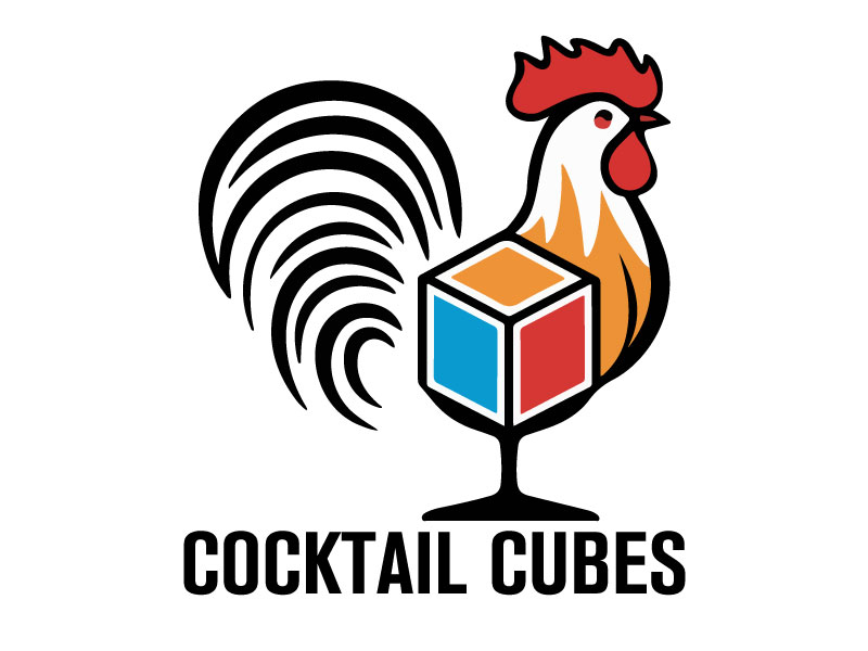 Rooster, Tail, 3 Dimensional Cube - Play on the words Cocktail Cubes logo design by Crushboysourav