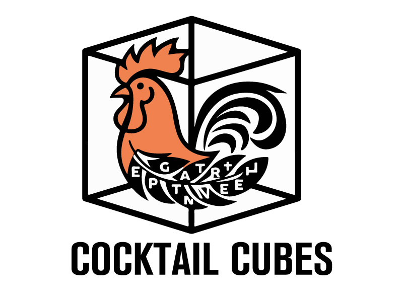 Rooster, Tail, 3 Dimensional Cube - Play on the words Cocktail Cubes logo design by Crushboysourav