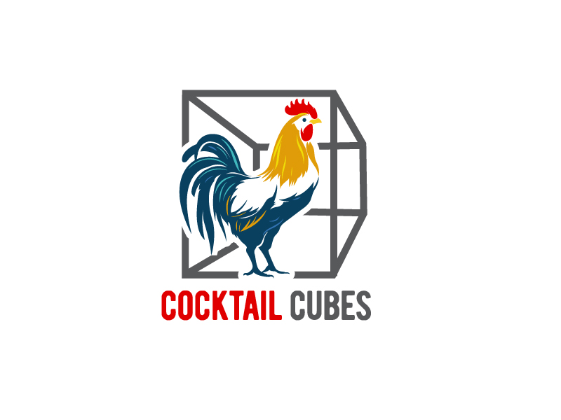 Rooster, Tail, 3 Dimensional Cube - Play on the words Cocktail Cubes logo design by logofighter