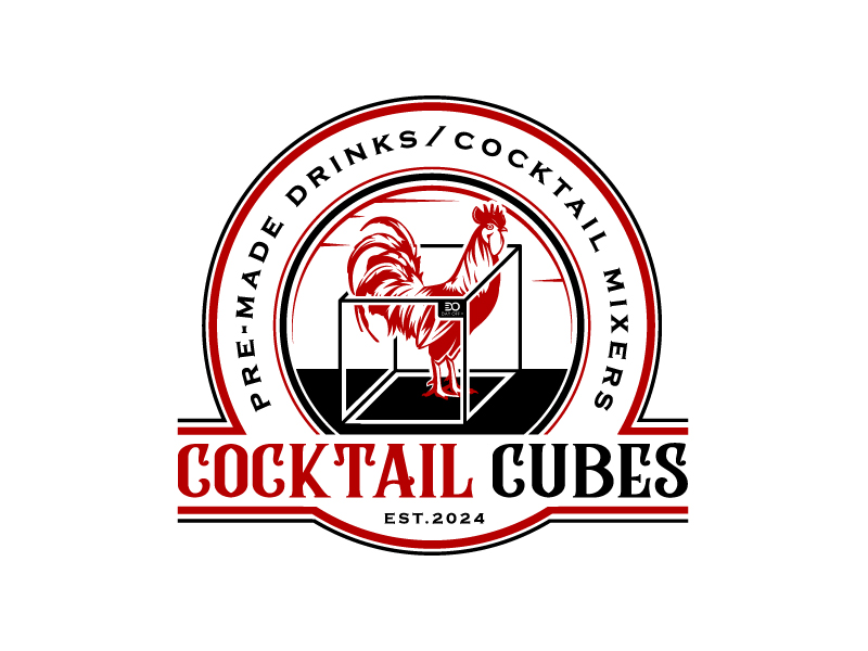 Rooster, Tail, 3 Dimensional Cube - Play on the words Cocktail Cubes logo design by DreamLogoDesign