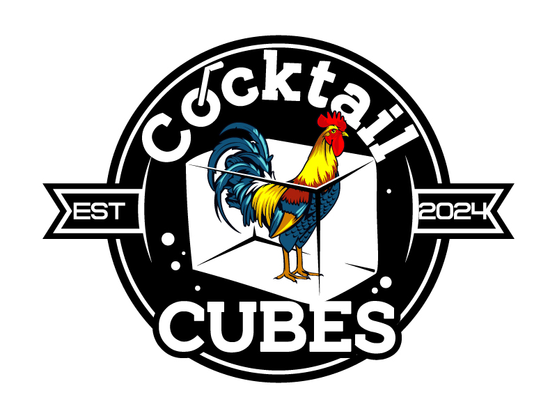 Rooster, Tail, 3 Dimensional Cube - Play on the words Cocktail Cubes logo design by DreamLogoDesign