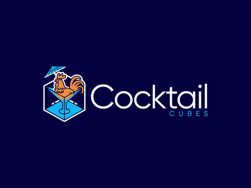 Rooster, Tail, 3 Dimensional Cube - Play on the words Cocktail Cubes logo design by Sami Ur Rab