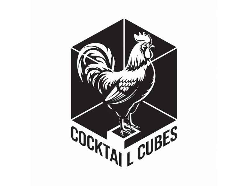 Rooster, Tail, 3 Dimensional Cube - Play on the words Cocktail Cubes logo design by Charii